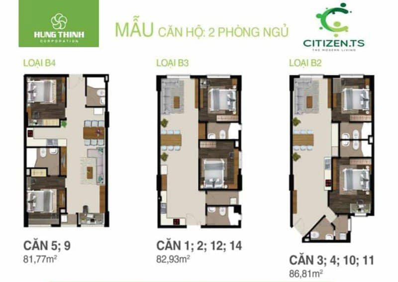 Thiết kế căn hộ Citizen 2 phòng ngủ