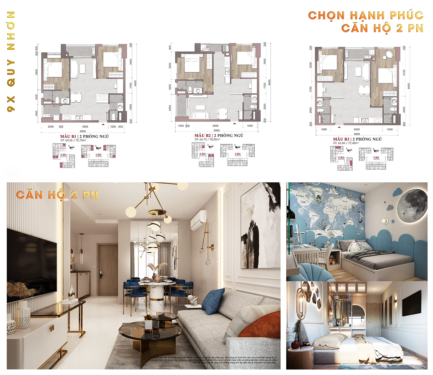 Thiết kế layout căn 2 phòng ngủ 9X Quy Nhơn Hưng Thịnh